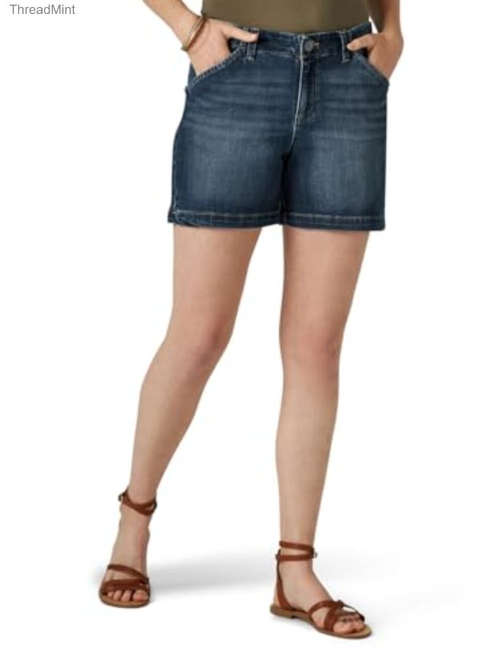 Women's Mid Rise Regular Fit Chino Shorts with Belt Loops 5" Inseam Cotton Blend
